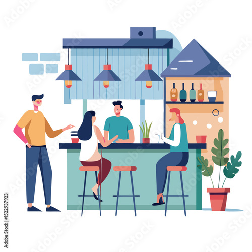People Socializing at a Bar with Drinks and Modern Interior Design Illustration