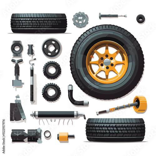 Professional Automotive Parts and Car Tire Presentation on White Background