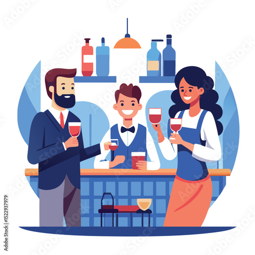 People Enjoying Wine at a Bar, Featuring Bartender and Bottle Display Shelf
