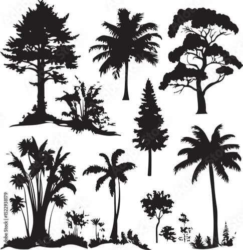 Set of trees silhouettes on white background