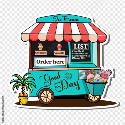 Ice Cream Cart sticker Illustration on transparent background featuring colorful cones, ice cream.