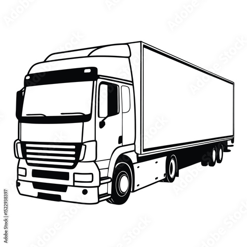 Truck tractor unit with semi-trailer icon. Black silhouette. Side view. Vector flat graphic illustration. The isolated object on a white background. Isolate.