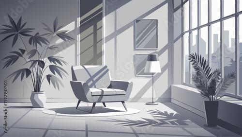 Light gray shadows accent the crisp white walls and floor. The modern armchair rests peacefully in a quiet corner. Calm, texture, softness, and harmony meet in subtle luxury.

