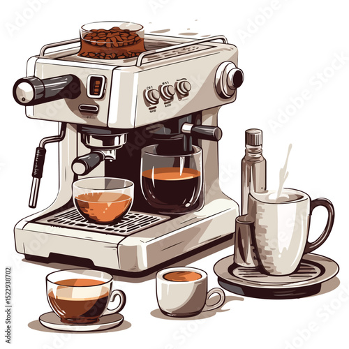 Professional espresso machine and elegant porcelain cup for coffee preparation