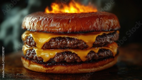 Flaming Double Cheeseburger on Dark Background