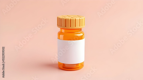 3D icon of prescription bottle with white label and orange cap, minimalistic style and soft pastel background