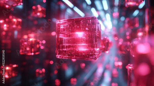 Floating Red Cubes in Neon Tunnel