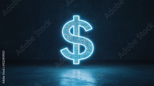 A glowing digital dollar sign symbolizing finance and technology stands out against a dark background.