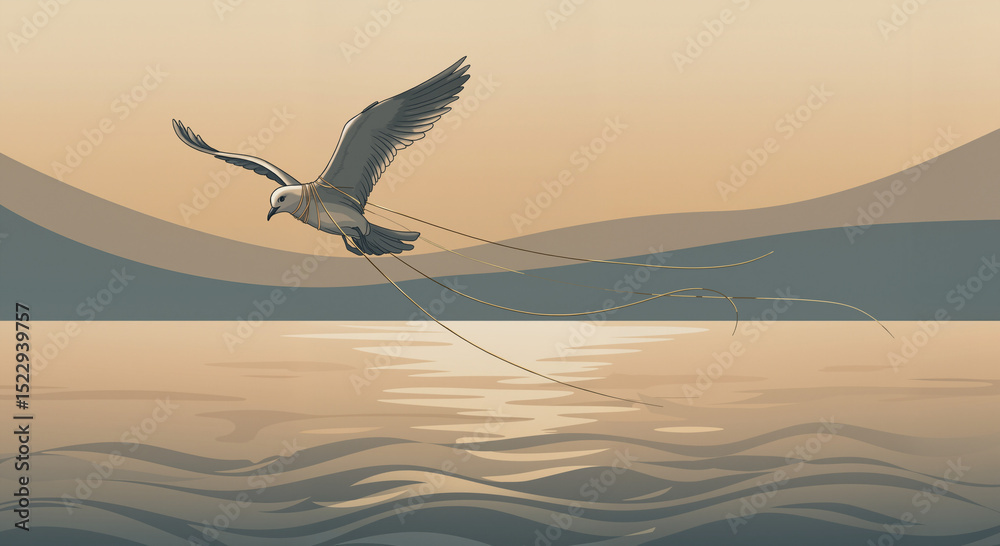 Fototapeta premium Bird flying over sea with broken ropes – symbol of liberation
