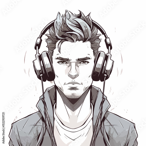 Professional vector drawing of a young guy's avatar head with headphones