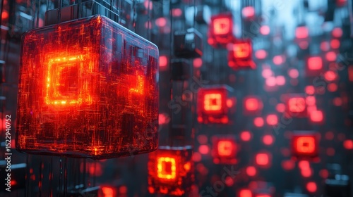 Futuristic red glowing cubes in a complex metallic network