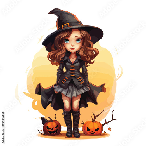 Young Girl Wearing Witch Halloween Costume Vector Illustration for Festive Celebrations