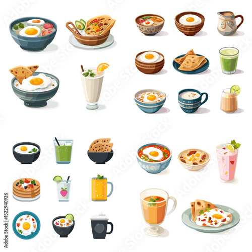 Delicious vector illustrations of traditional Asian breakfast foods and drinks, including eggs, roti, soups, smoothies, and teas served in beautiful bowls and glasses.

