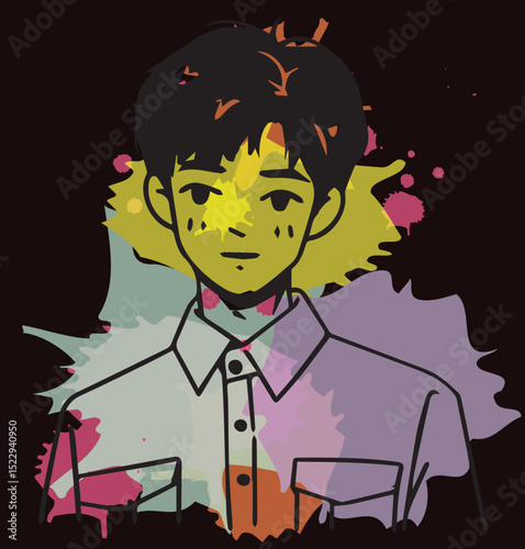 Digital Portrait Illustration of a Young Person with Black Hair and a Collared Shirt Against a Dark Background with Vibrant Paint Splatter Accents