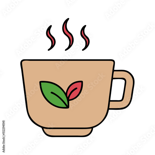 Hot cup of tea with green leaves design and steam rising  