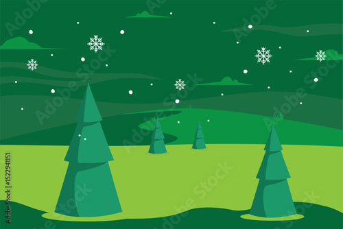 A Stylized Winter Landscape Illustration Featuring Pine Trees and Falling Snowflakes Against a Dark Green Night Sky and Rolling Hills.