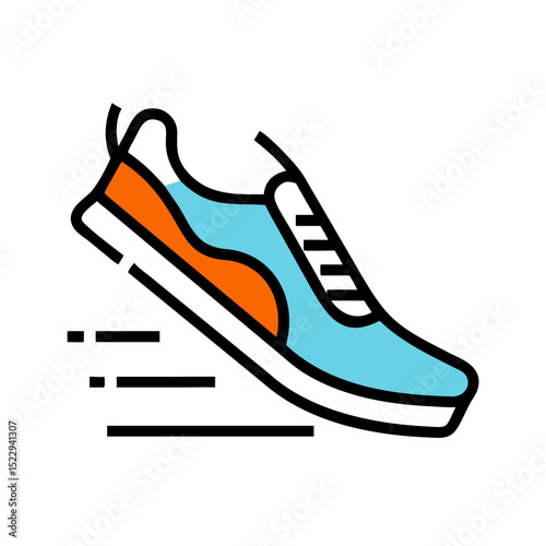 Running shoe in motion with blue and orange design elements  