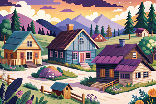 Vector illustration of a rustic countryside with wooden houses and green fields ideal for rural scenes, peaceful backgrounds, travel ads, and cozy village themes