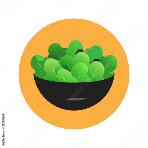 Fresh green salad in a black bowl on orange circular background  