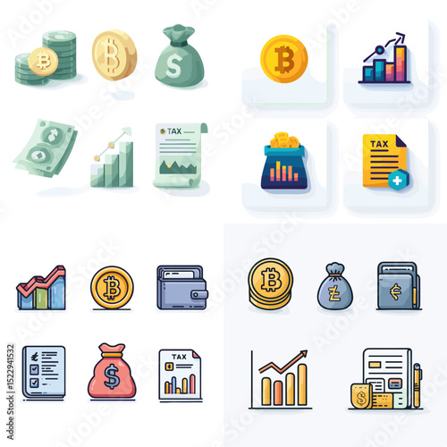 Set of financial icons including money, bitcoin, wallet, tax document, and graph chart, perfect for fintech, investment, crypto, and accounting visuals.

