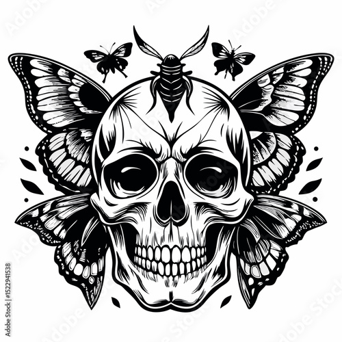 Skull Crowned by Beetle, Adorned with Butterflies, Graphic Black and White Illustration