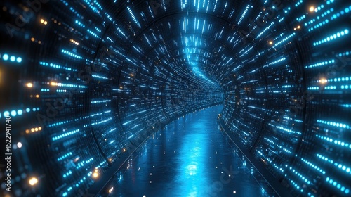 Futuristic tunnel, digital data, glowing lights, technology, modern