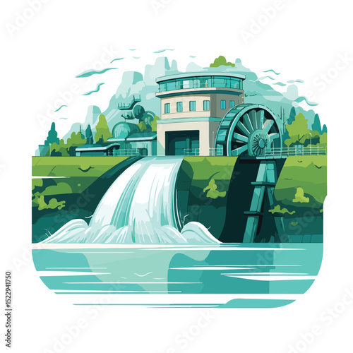 Hydroelectric Green Energy Vector Illustration: Eco-Friendly Hydropower Plant Concept Design