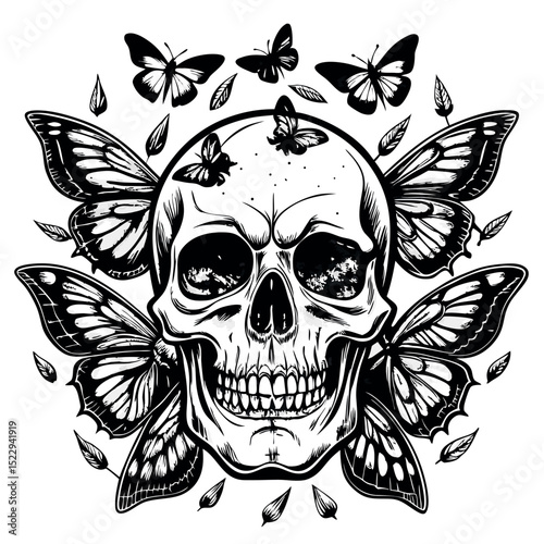Skull Surrounded By Butterflies And Leaf Ornaments, Detailed Black And White Illustration