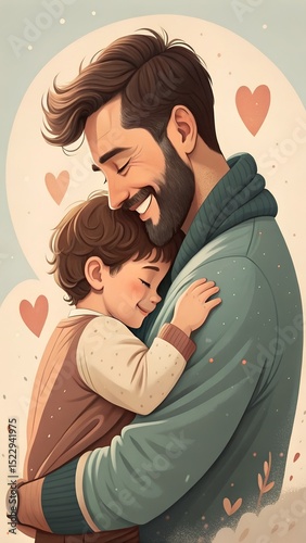 Father embracing young child in a warm, loving moment, surrounded by hearts, showcasing the bond of family and affection in a colorful illustration style