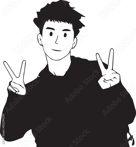 Black and White Vector Illustration of a Young Person Giving Two Peace Signs, Representing Youth Culture, Positivity, and Minimalist Artistic Style