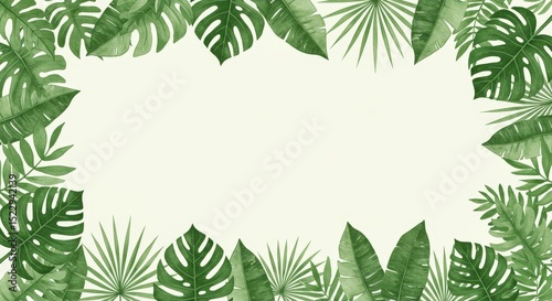 Lush Tropical Leaf Border - Vibrant green tropical leaves create a beautiful frame, perfect for summer designs, travel brochures, or tropical-themed projects