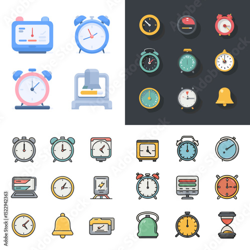 Flat vector alarm clock icons, timers, stopwatches, and time management tools for productivity, reminders, and time tracking UI or schedule illustrations.

