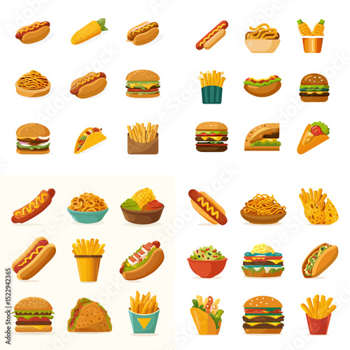 Tasty fast food icon set featuring burgers, fries, hot dogs, tacos, and fried chicken, ideal for restaurant branding, menus, or food delivery visuals.

