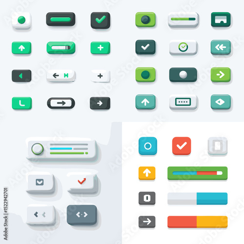Flat UI elements and button icons including toggles, sliders, checkboxes, arrows, and loading bars ideal for app design, dashboard, and interface mockups.

