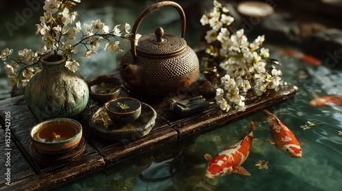 Serene koi pond tea ceremony a moment of zen with blossoming branches and antique iron teapot in