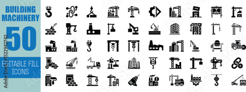Fifty editable fill icons building machinery construction equipment