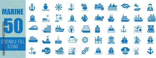 Fifty editable marine icons ship boat vessel sea ocean