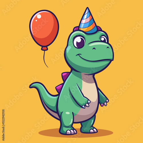 Cute vector illustration of a green cartoon dinosaur with a red balloon and party hat standing cheerfully on orange background for children celebration sticker packs