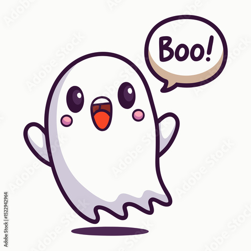 Funny vector illustration of a cheerful ghost saying Boo with hands raised and surprised expression designed for Halloween-themed cartoon sticker collections for kids