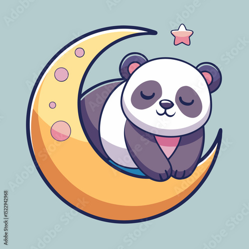 Vector illustration of a happy cartoon panda sitting on a golden crescent moon with stars and pastel sky background designed for nursery vectors and bedtime art