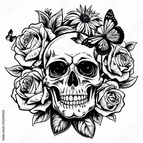 Skull Surrounded by Roses, Butterfly, and Sunflower in Black and White Style
