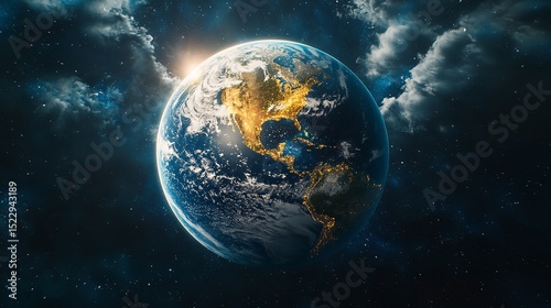A breathtaking view of Earth from space illuminated by the sun in a cosmic sky filled with nebulous
