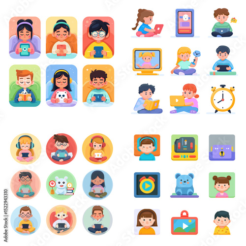 Colorful illustrations of children using technology like tablets, phones, and computers, ideal for education, screen time, online learning, and digital parenting visuals.

