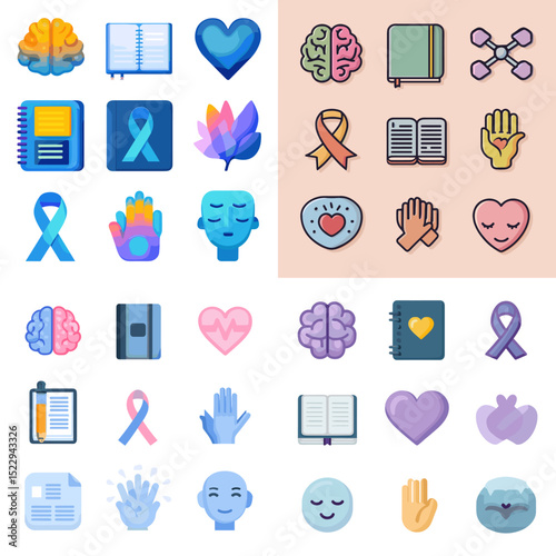 Mental health awareness icons featuring brains, hearts, ribbons, hands, books, and emotional well-being symbols in flat and gradient styles for therapy visuals.

