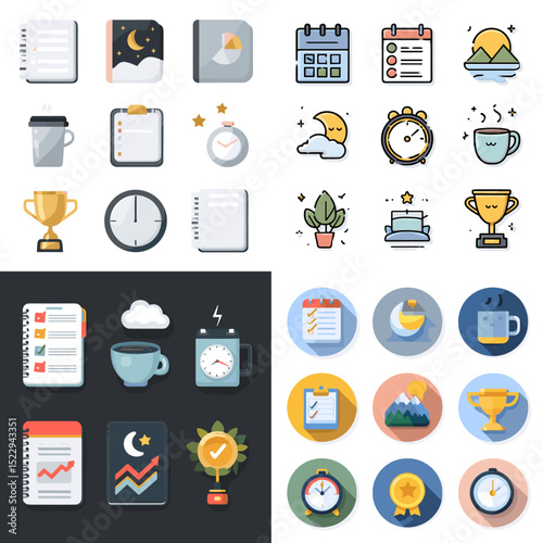 Flat productivity and scheduling illustration set featuring planner, trophy, checklist, alarm clock, coffee, and task calendar for daily routine and time management visuals.

