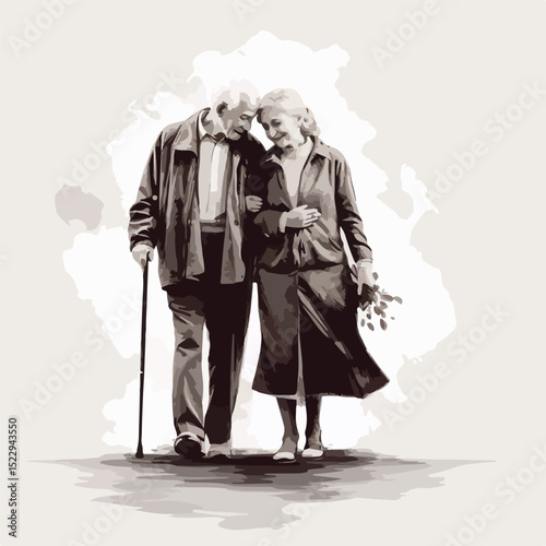 Elderly couple and woman black and white vector illustration for vintage designs