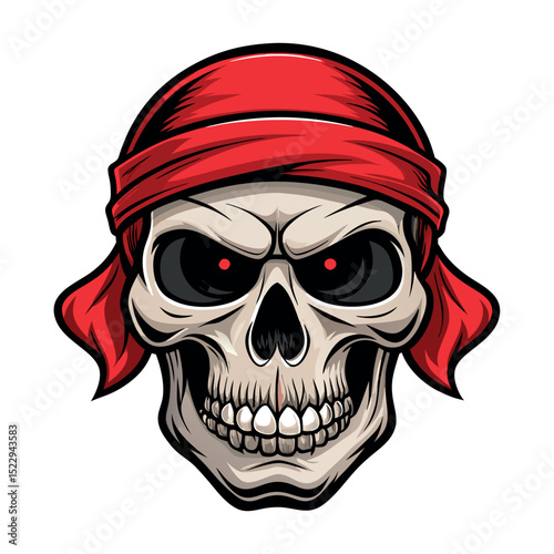 Skull with Red Bandana, Red Glowing Eyes Illustration on White Background