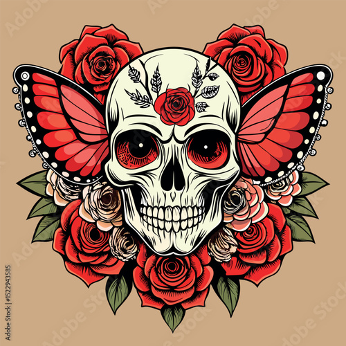 Skull with Butterfly Wings Surrounded by Roses Vintage Tattoo Style Illustration