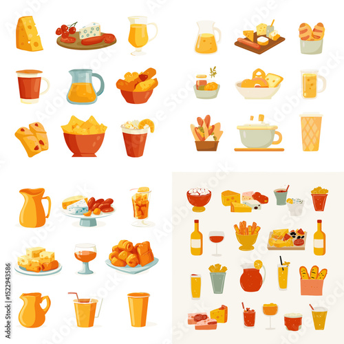 Flat vector of breakfast items, snacks, cheese, juice, and desserts ideal for food blogs, culinary content, or restaurant menu visuals.

