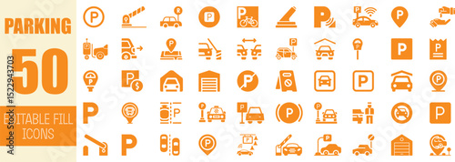 Fifty orange parking icons editable fill design elements